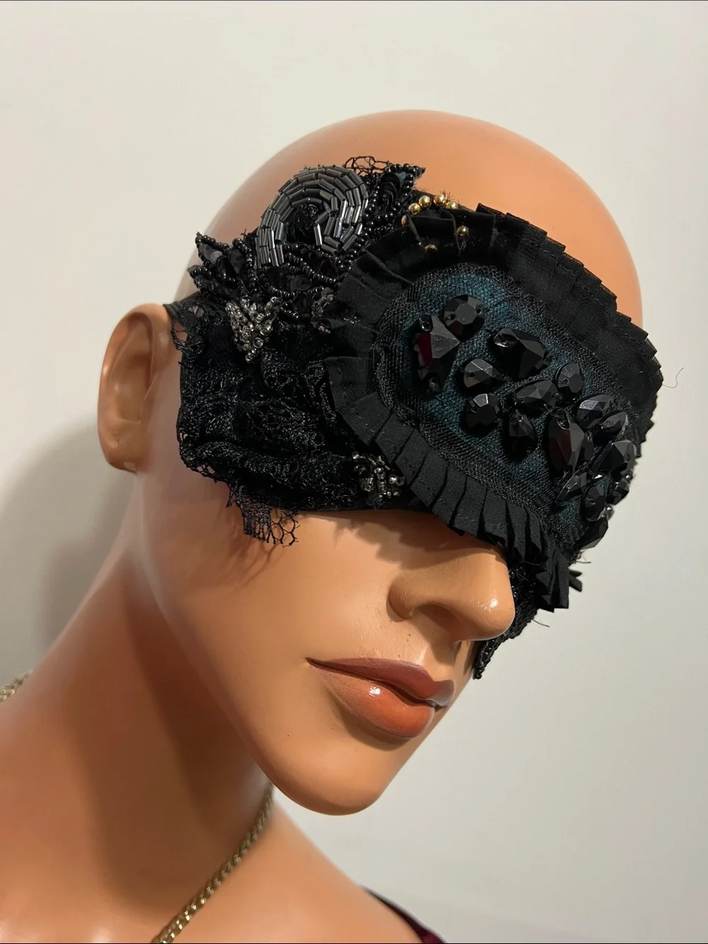 Black Beaded Lace Eye Mask - Elegant Sleep & Costume Accessory